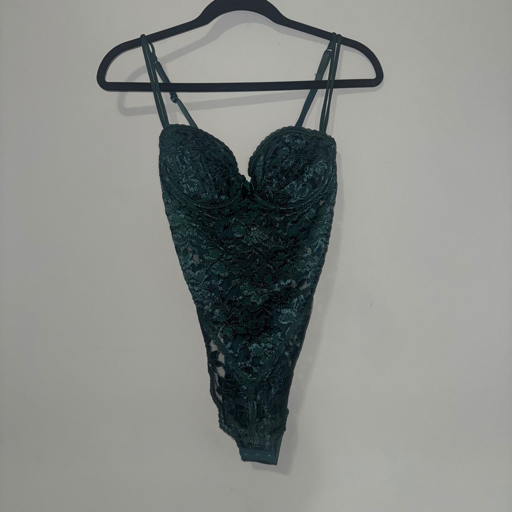 Vintage Victoria's Secret Gold Label Emerald Green Lace Underwire Bodysuit 36B